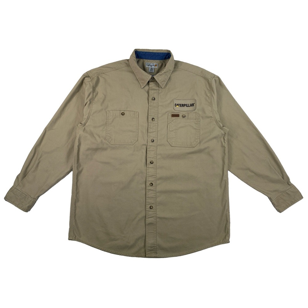 Carhartt Canvas Work Button Up Shirt Mens XL Beige Long Sleeve Caterpillar Patch